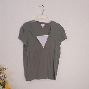 One Step Ahead Olive Green Short Sleeve V-Neck Top with White Inset